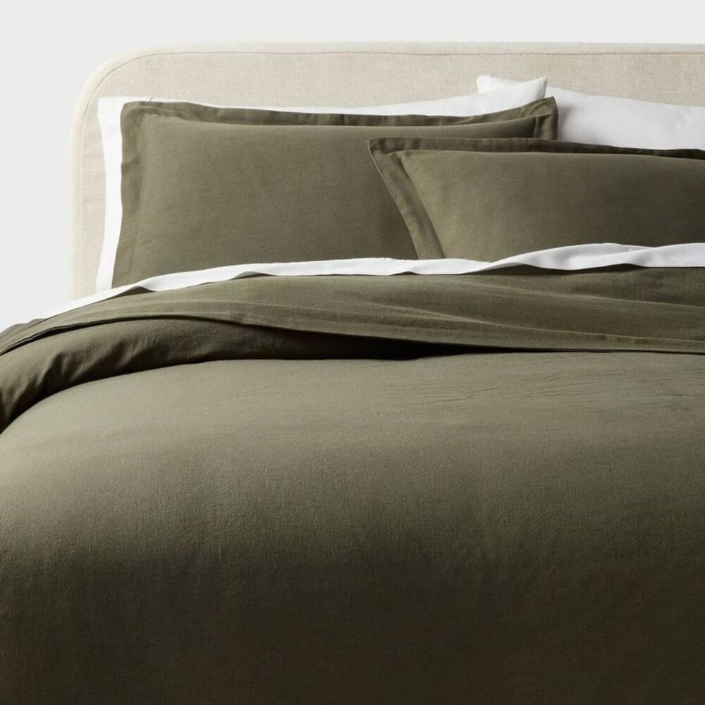 Full/Queen Casual Textured Cotton Duvet Cover and Sham Set Dark Green -